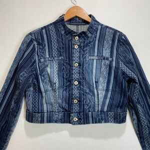 MARITHE FRANCOIS Womens Denim Jacket Blue Striped Dragon Print Cropped Size XL